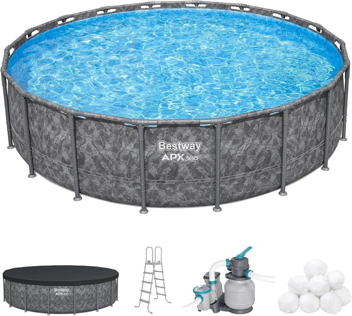 Casavibeo Bestway APX 365 18-foot round above ground swimming pool with pump and ladder setup in backyard.
