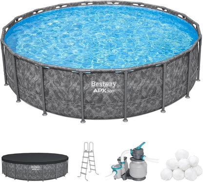 Casavibeo Bestway APX 365 18-foot round above ground swimming pool with pump and ladder setup in backyard.