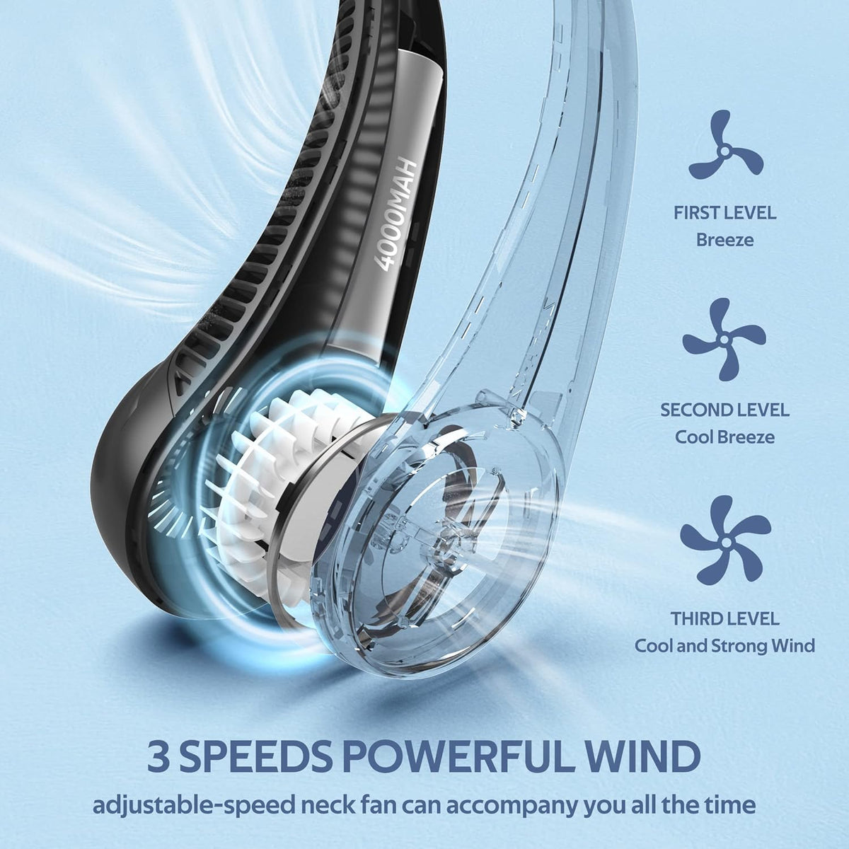Belro portable hands-free 360° cooling neck fan with adjustable airflow, ideal for outdoor use and staying cool on the go.