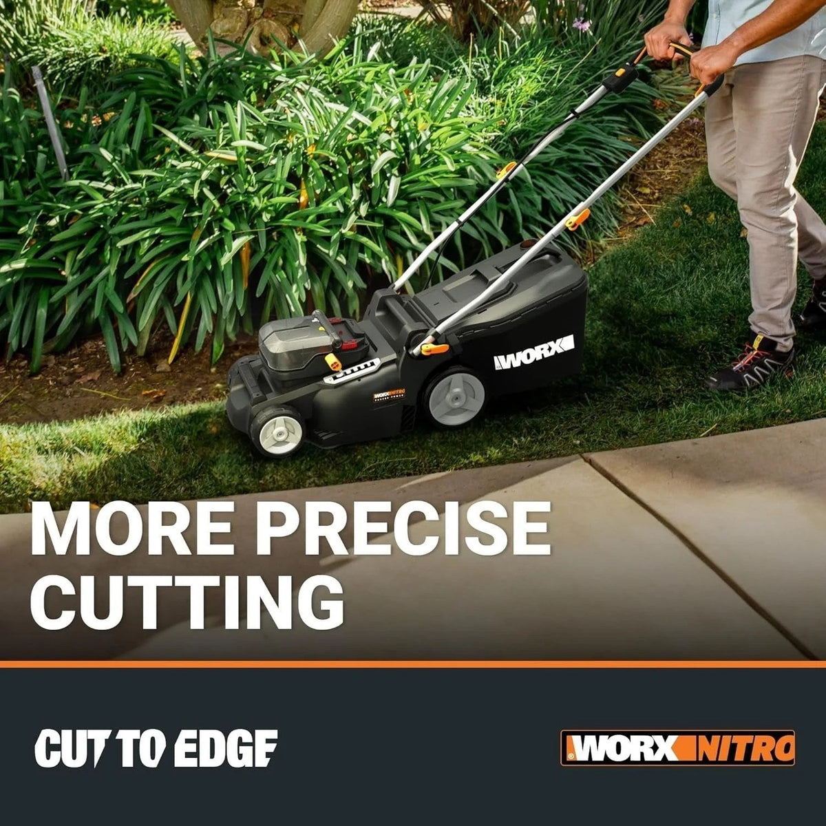 Casavibeo WORX Nitro 40V cordless lawn mower with 16-inch blade, brushless motor, and IntelliCut technology in action.