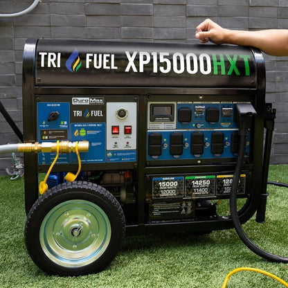 Casavibeo DuroMax 15,000-Watt Tri-Fuel Portable Generator XP15000HXT with multiple outlets and sturdy frame in a yard setting