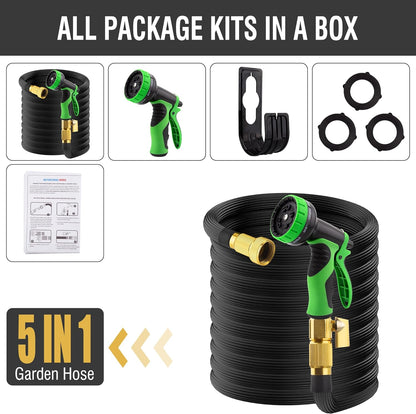 Belro expandable garden hose with 10-function spray nozzle, flexible outdoor garden hose for watering and cleaning tasks.
