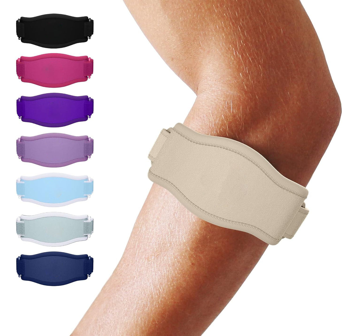 Belro tennis elbow brace attached to forearm, adjustable support accessory for elbow pain relief and stability.