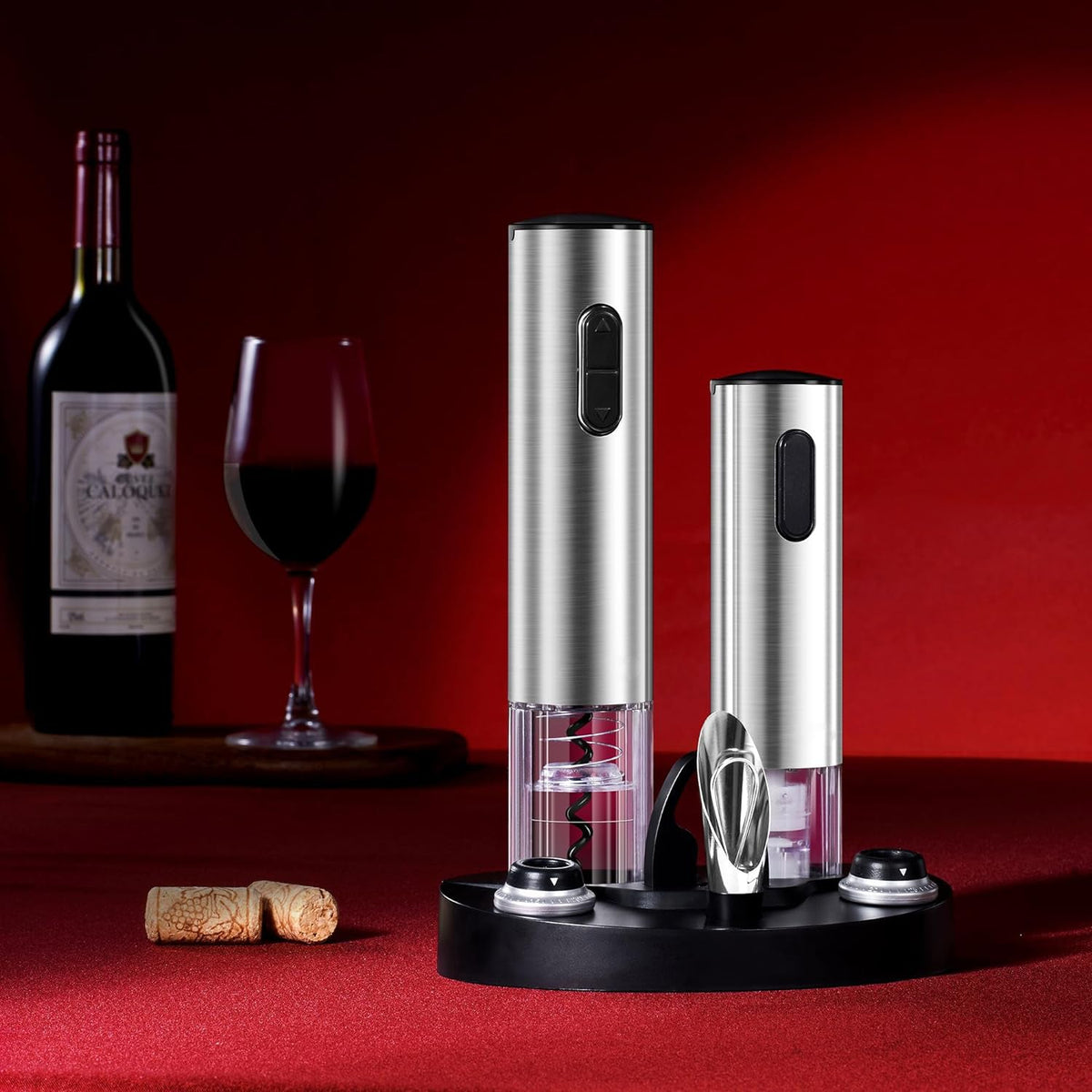 Belro electric wine bottle opener set with vacuum preserver, automatic corkscrew, foil cutter, and charging base on a white background.