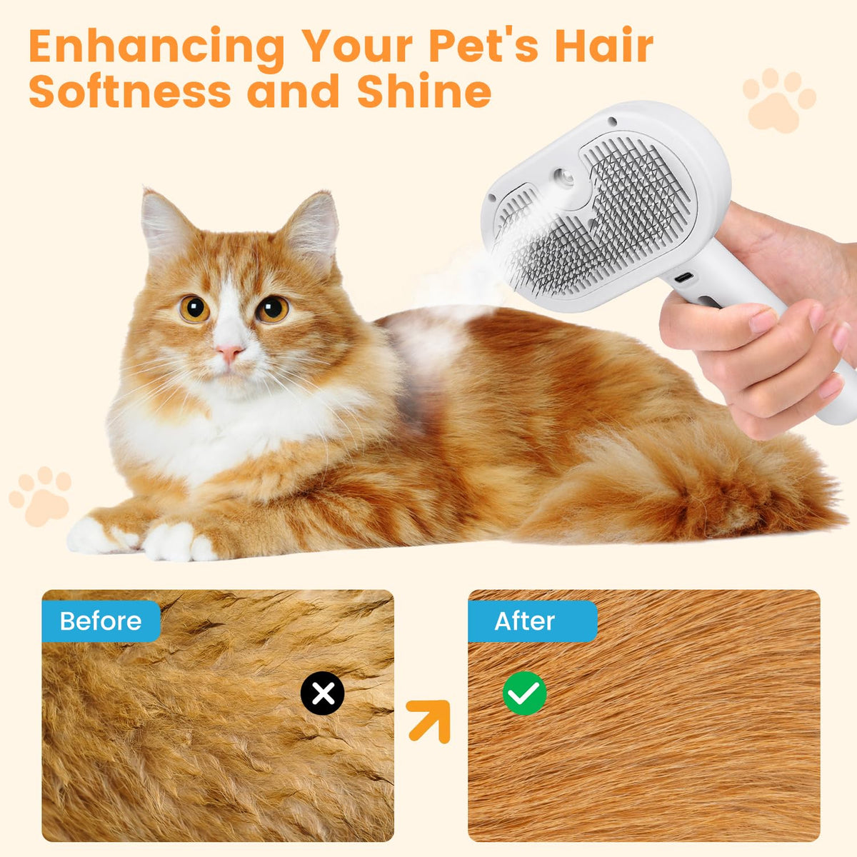 Belro cat and dog steam brush for grooming, showing the handheld pet grooming tool with steam function for pets.