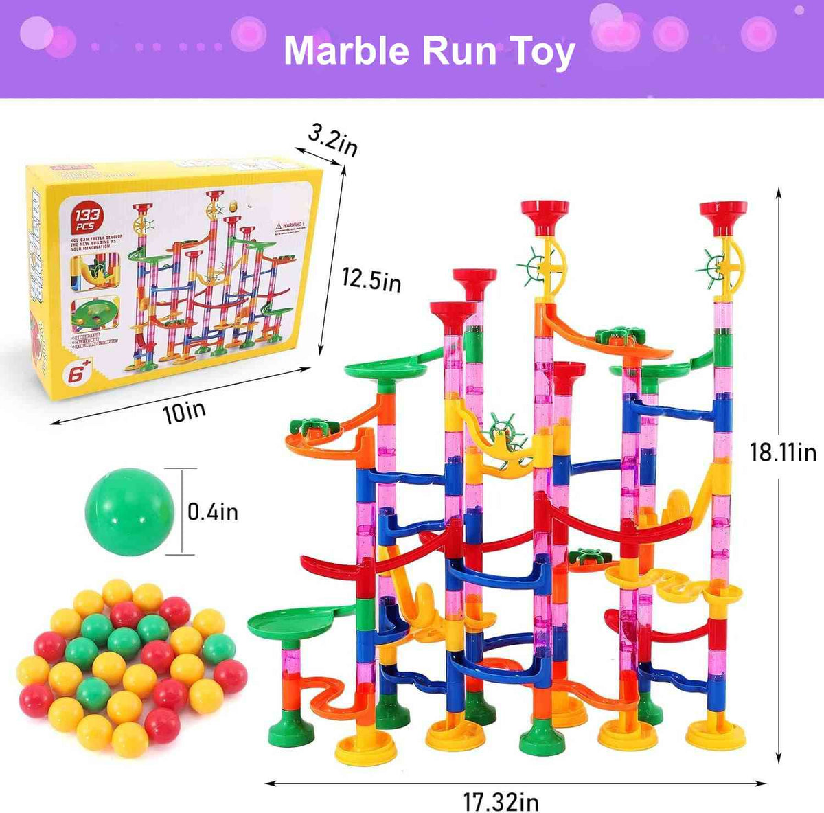 Belro Marble Run Toy with colorful plastic tracks and marbles, designed for kids' creative building and play.