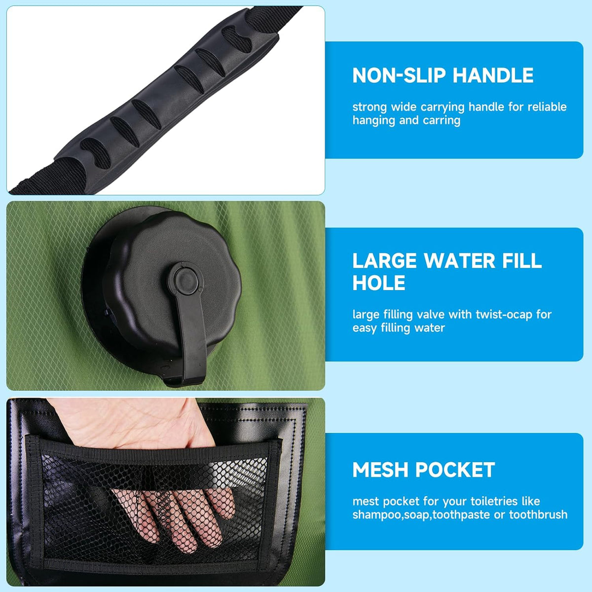 Belro portable outdoor shower bag for camping, featuring a flexible design with a nozzle, ideal for outdoor water rinsing.