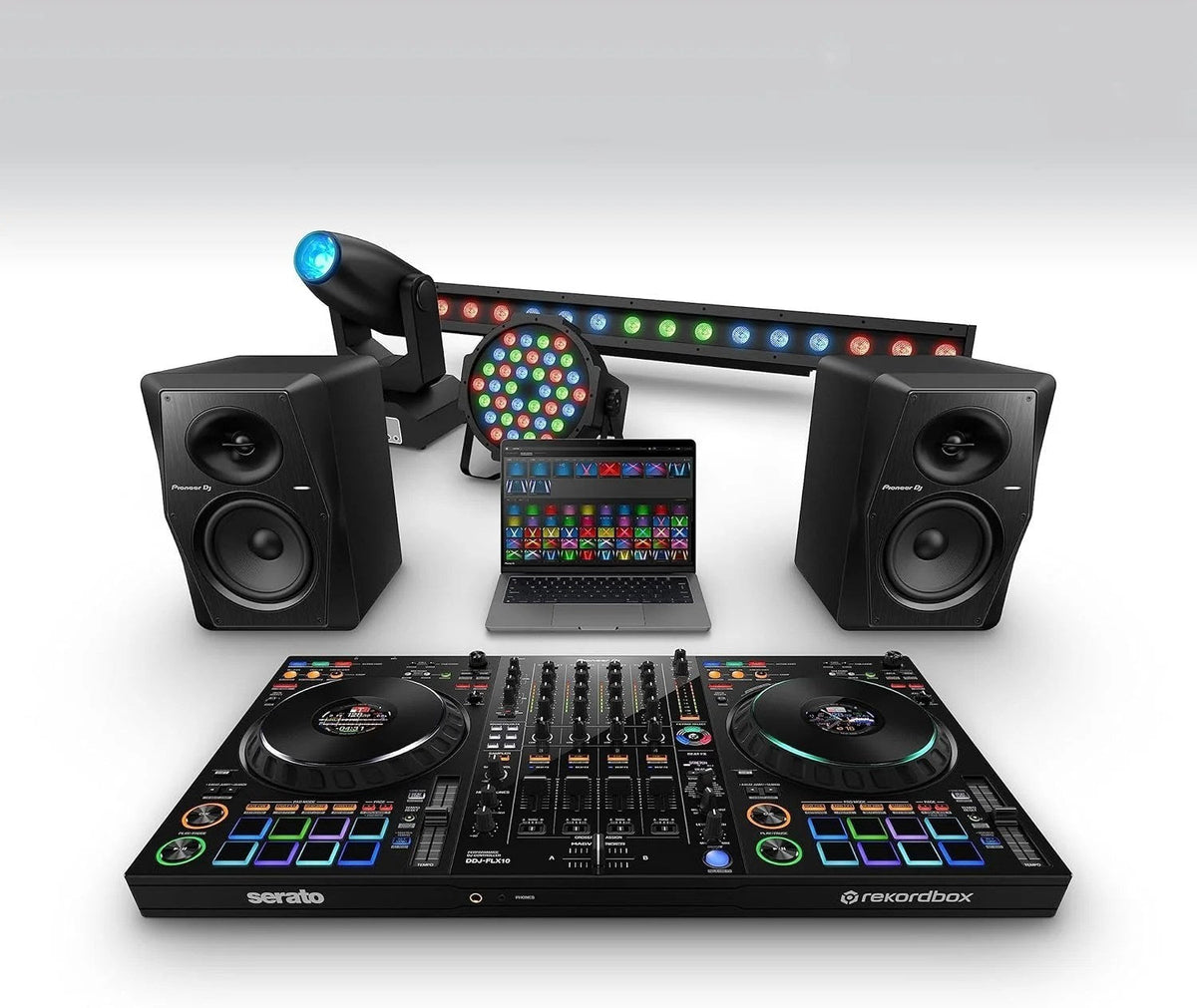 Casavibeo Pioneer DJ DDJ-FLX10 4-channel DJ controller with jog wheels, mixer controls, and colorful LED lighting.