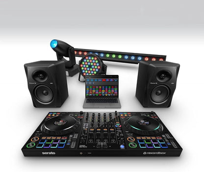 Casavibeo Pioneer DJ DDJ-FLX10 4-channel DJ controller with jog wheels, mixer controls, and colorful LED lighting.