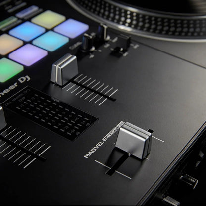 Casavibeo Pioneer DJ DDJ-REV7 DJ Controller with jog wheels, faders, and colorful control pads on a professional DJ setup.