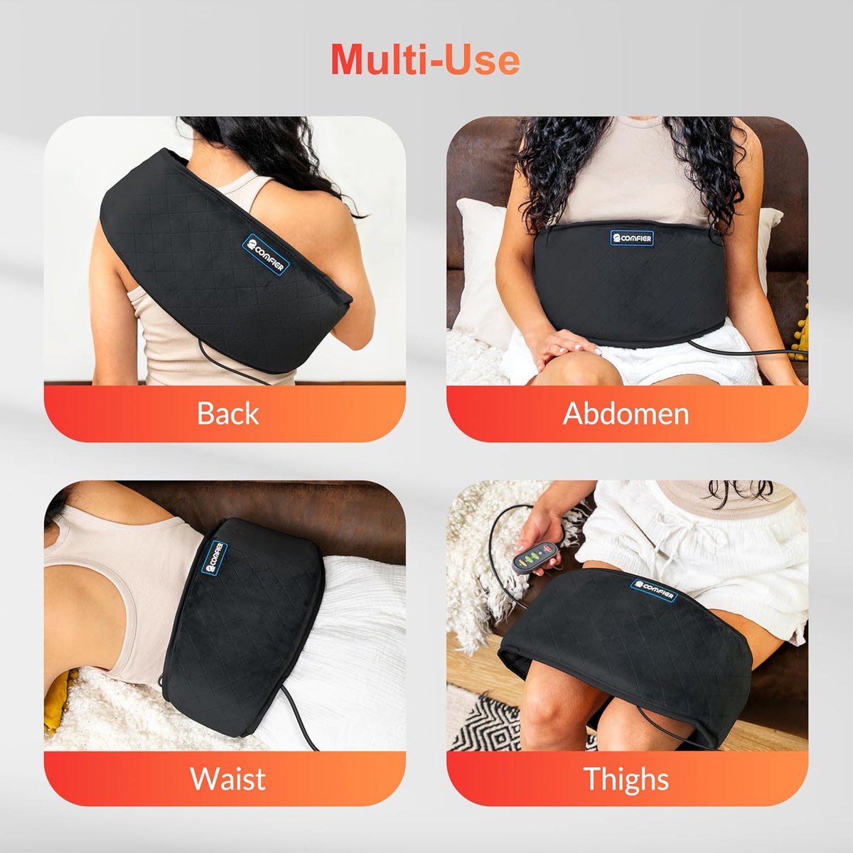 Belro heating pad for back pain relief, soft fabric cover, adjustable temperature controls, designed for soothing muscle discomfort.