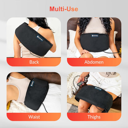 Belro heating pad for back pain relief, soft fabric cover, adjustable temperature controls, designed for soothing muscle discomfort.