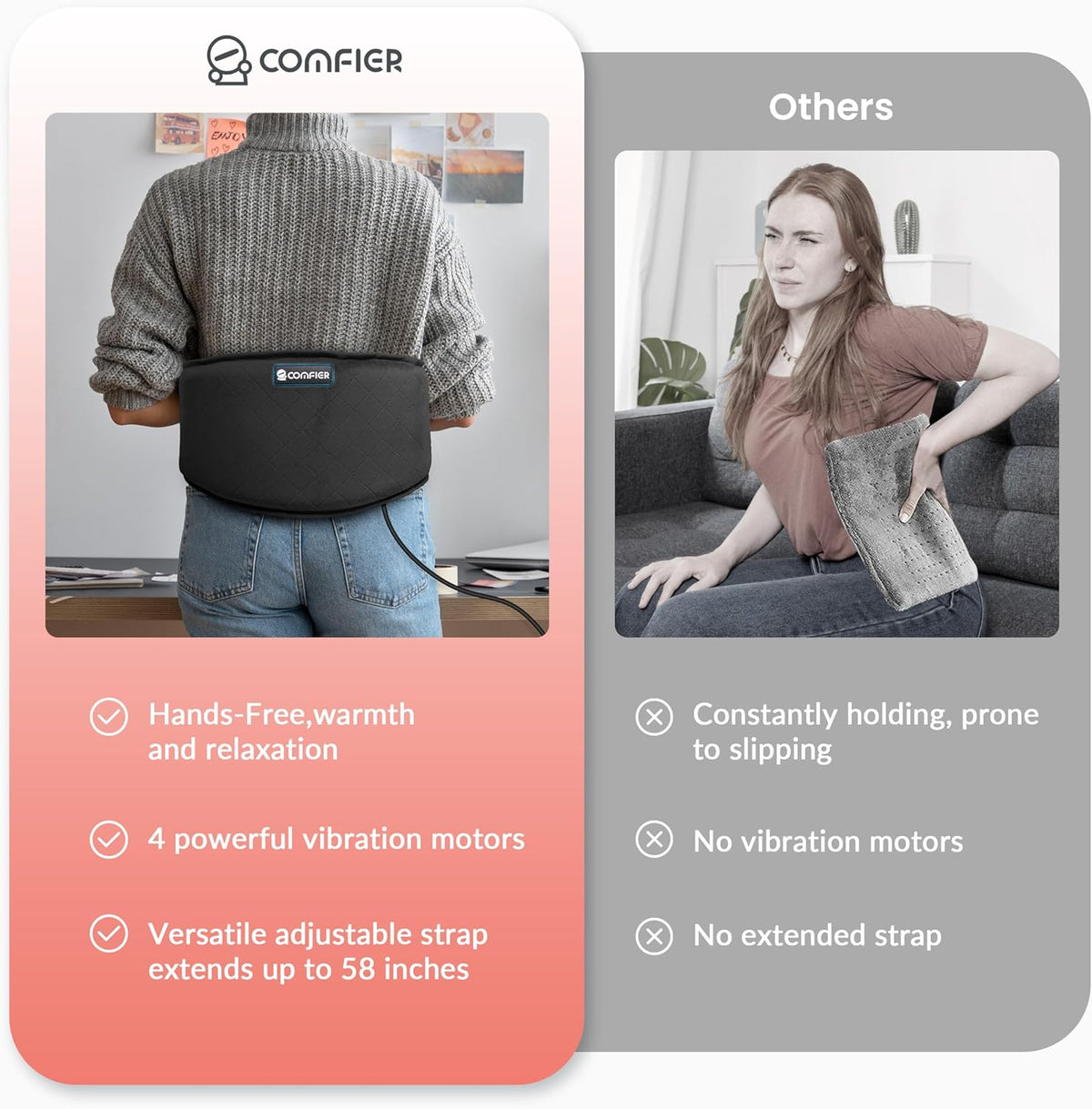 Belro heating pad for back pain relief, soft fabric cover with adjustable temperature settings, designed for soothing pain relief.
