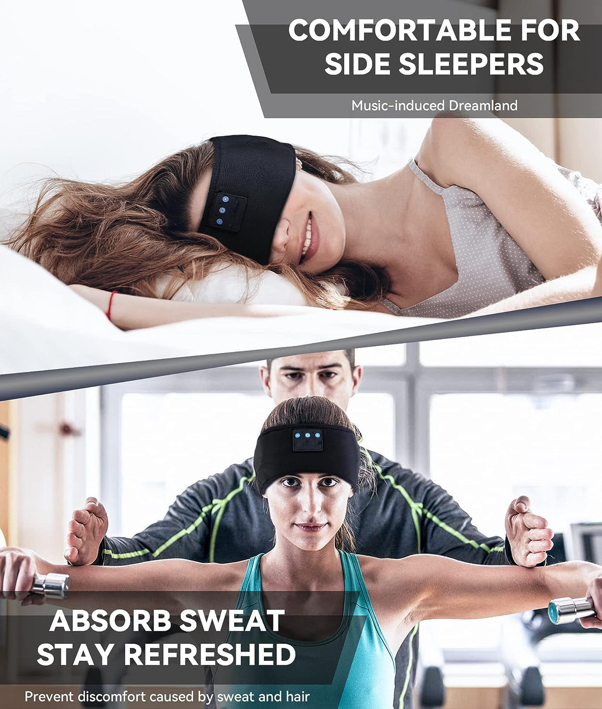 Belro Sleep Headphone Headband in black, soft fabric with built-in headphones for comfortable sleep and relaxation.