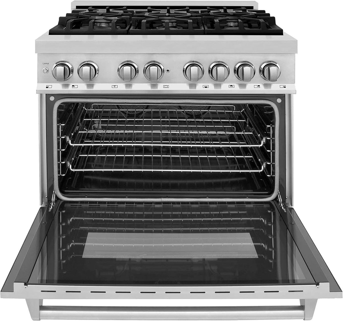Casavibeo ZLINE 36-inch dual fuel range with stainless steel finish and dual ovens, featuring multiple burners and control knobs.