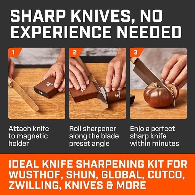 Casavibeo Original Tumbler Rolling Knife Sharpener, compact wood tool for easy kitchen knife sharpening at 15 and 20 degrees