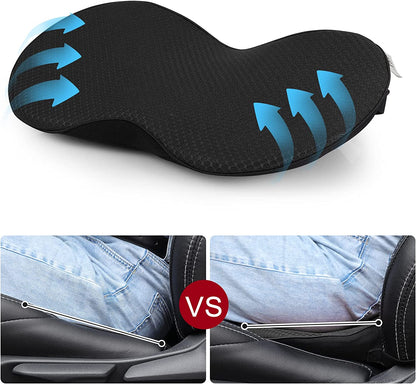 Belro car seat cushion for shorter drivers, providing back support and comfort for improved driving posture.
