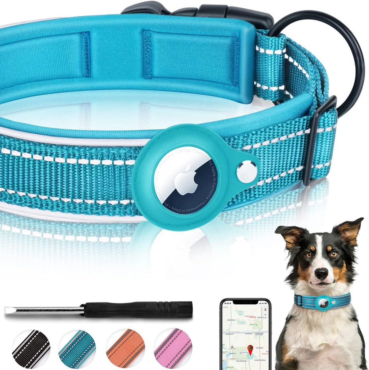 Belro AirTag dog collar with GPS device for pet tracking, featuring a sleek black strap and integrated electronic tracking technology.