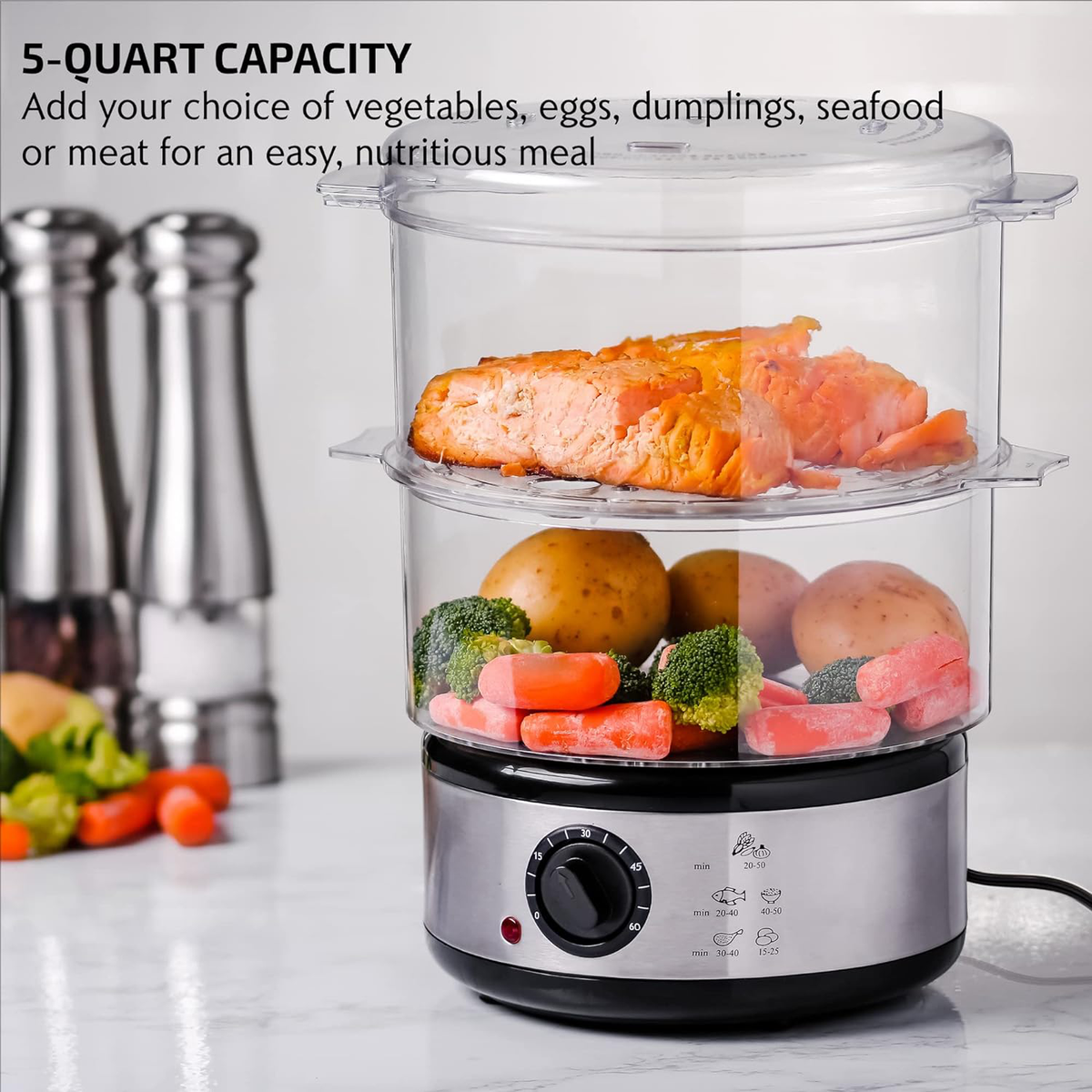 Belro electric vegetable steamer with multiple tiers for steaming fresh vegetables in a modern kitchen setting