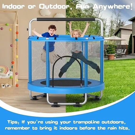 Casavibeo 55-inch kids trampoline with enclosure, adjustable gymnastics bar, toys, for indoor outdoor use, supports up to 440 lbs