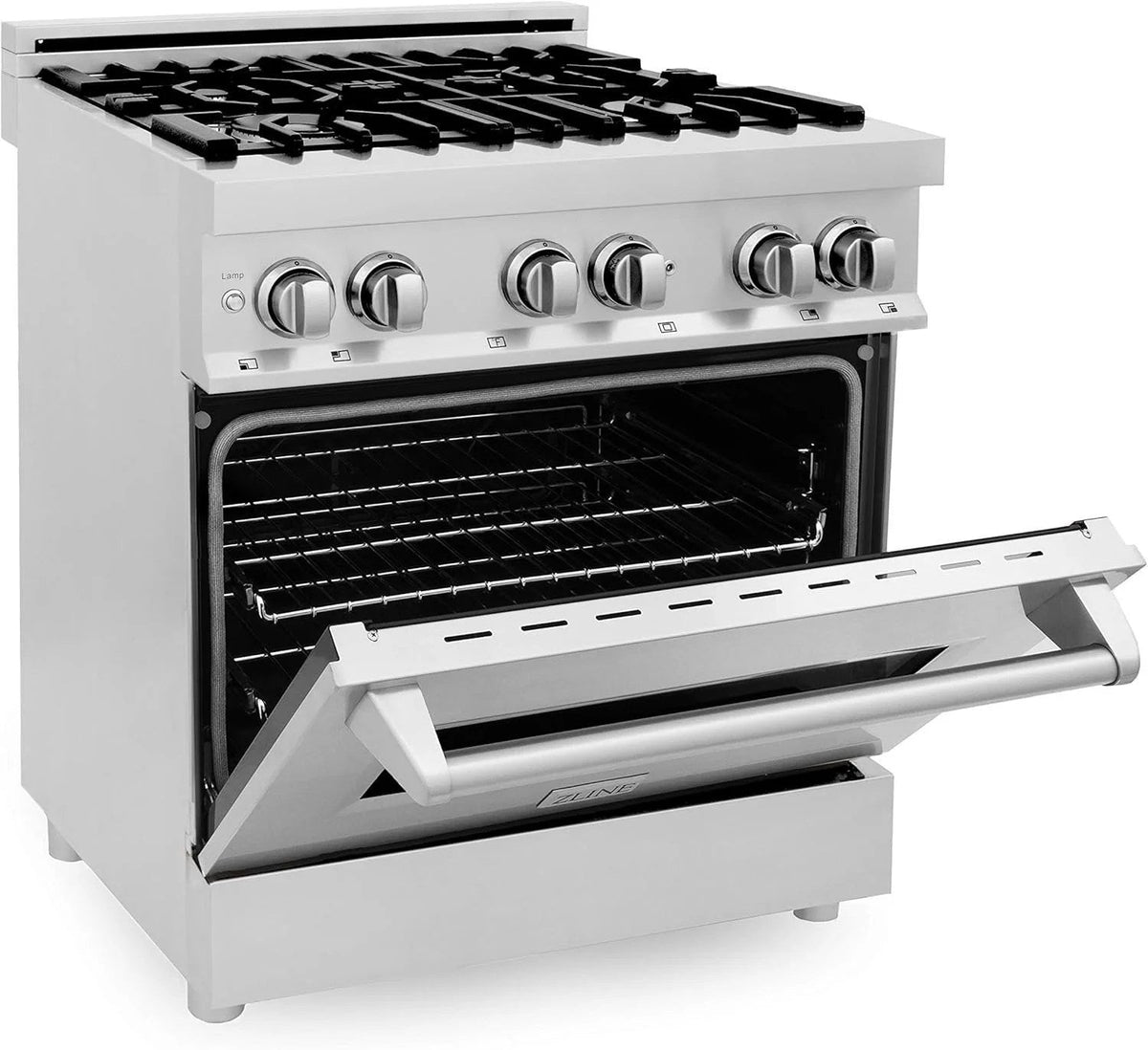 Casavibeo ZLINE 30-inch dual fuel range with stainless steel finish, featuring multiple burners and oven controls.