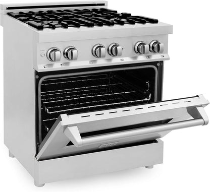 Casavibeo ZLINE 30-inch dual fuel range with stainless steel finish, featuring multiple burners and oven controls.