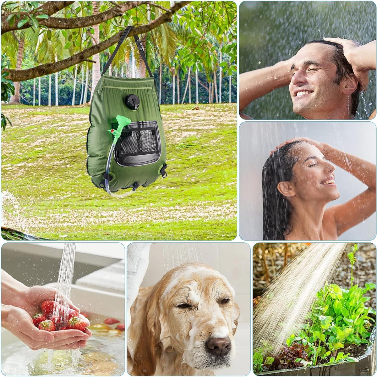 Belro portable outdoor shower bag for camping, with water reservoir, hose, and shower head for outdoor use.