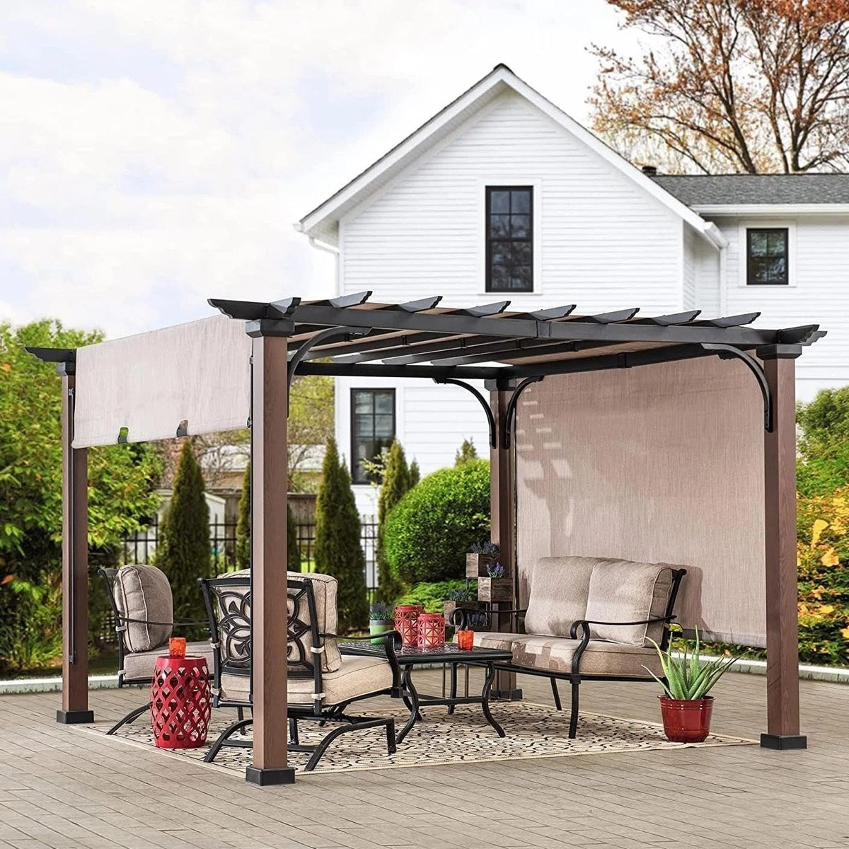 Casavibeo Sunjoy 11x11 ft metal pergola with adjustable tan garden shade, showcasing sturdy frame and shaded outdoor space.