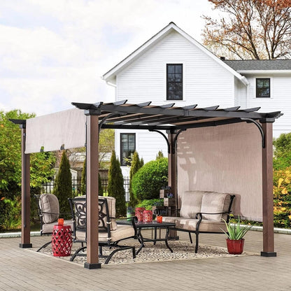 Casavibeo Sunjoy 11x11 ft metal pergola with adjustable tan garden shade, showcasing sturdy frame and shaded outdoor space.