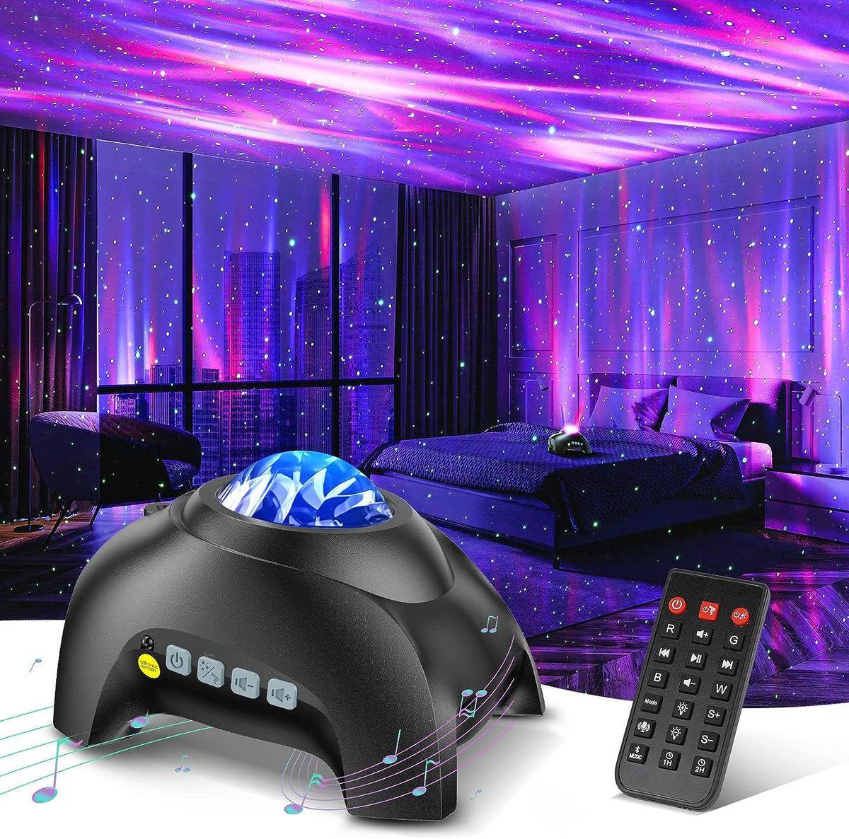 Belro Aurora Northern Lights projector displaying colorful light patterns on a wall in a cozy room setting.