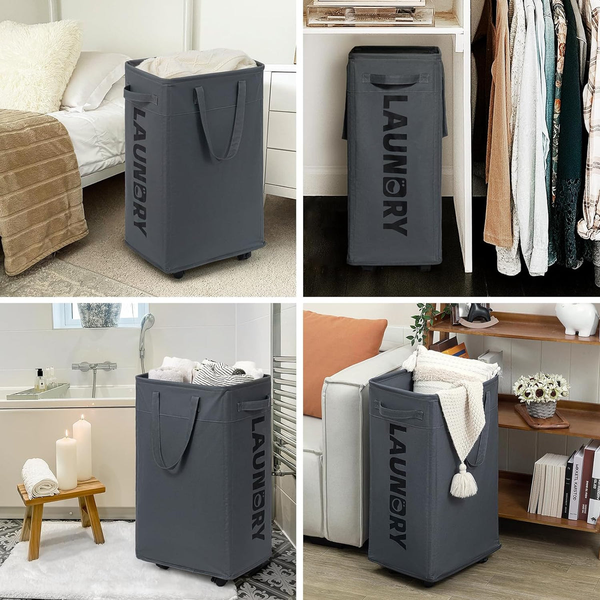 Belro 75L collapsible laundry basket with wheels, large fabric storage bin for home organization and easy transport.
