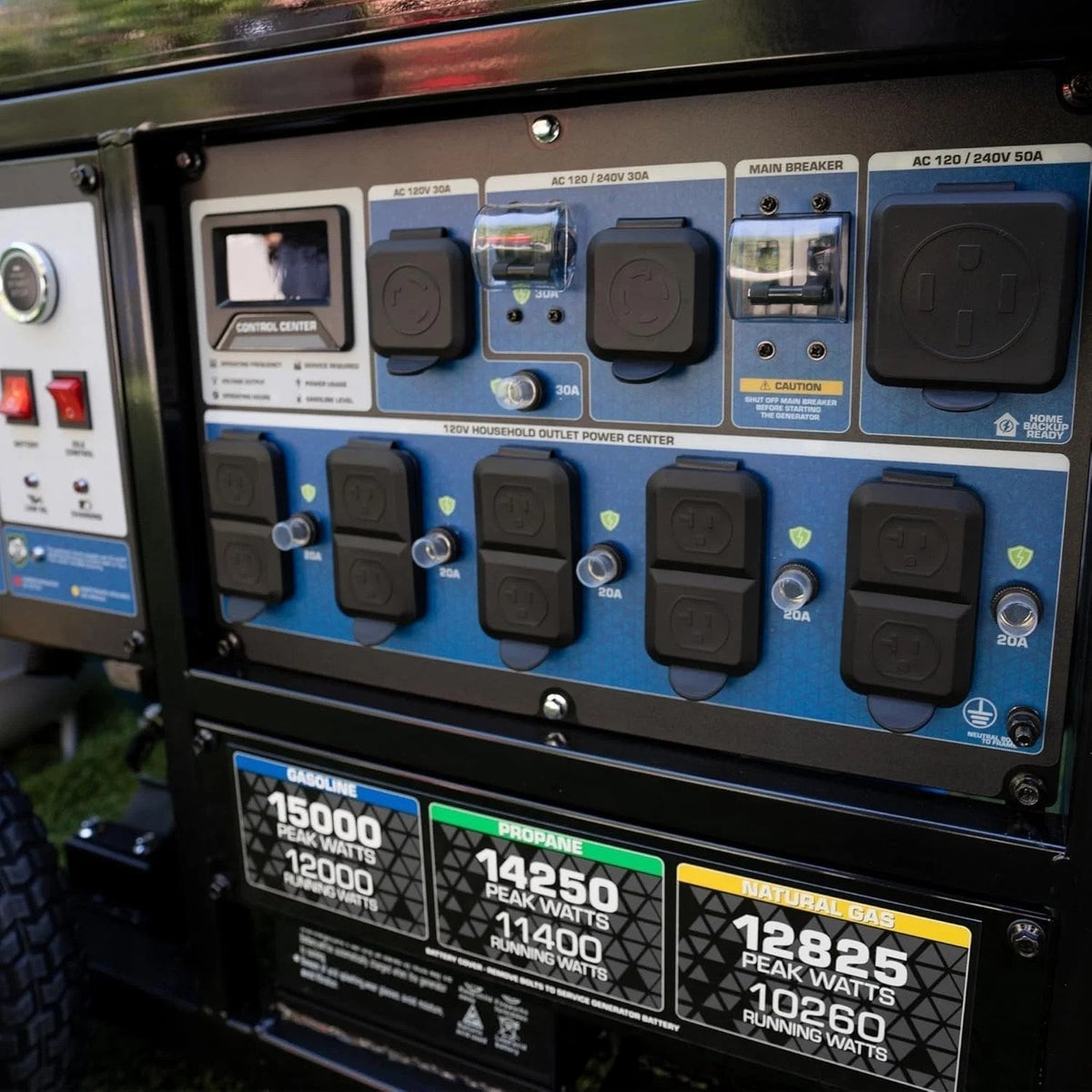 DuroMax 15,000-Watt Tri-Fuel Portable Generator XP15000HXT with black metal frame and control panel for outdoor power needs