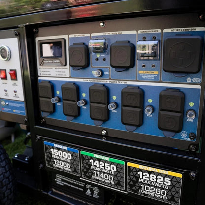 DuroMax 15,000-Watt Tri-Fuel Portable Generator XP15000HXT with black metal frame and control panel for outdoor power needs