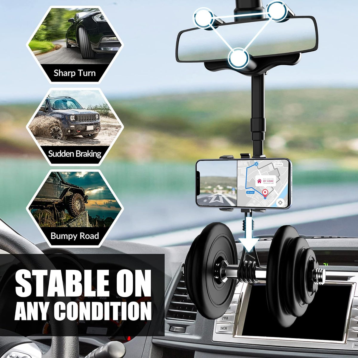 Belro rearview mirror phone holder attached to a car's rearview mirror for hands-free device use.