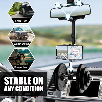 Belro rearview mirror phone holder attached to a car's rearview mirror for hands-free device use.