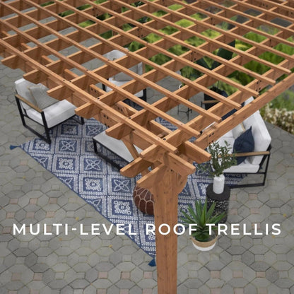 Casavibeo Backyard Discovery Beaumont pergola with wooden beams and lattice roof, ideal for outdoor shade and garden decor.