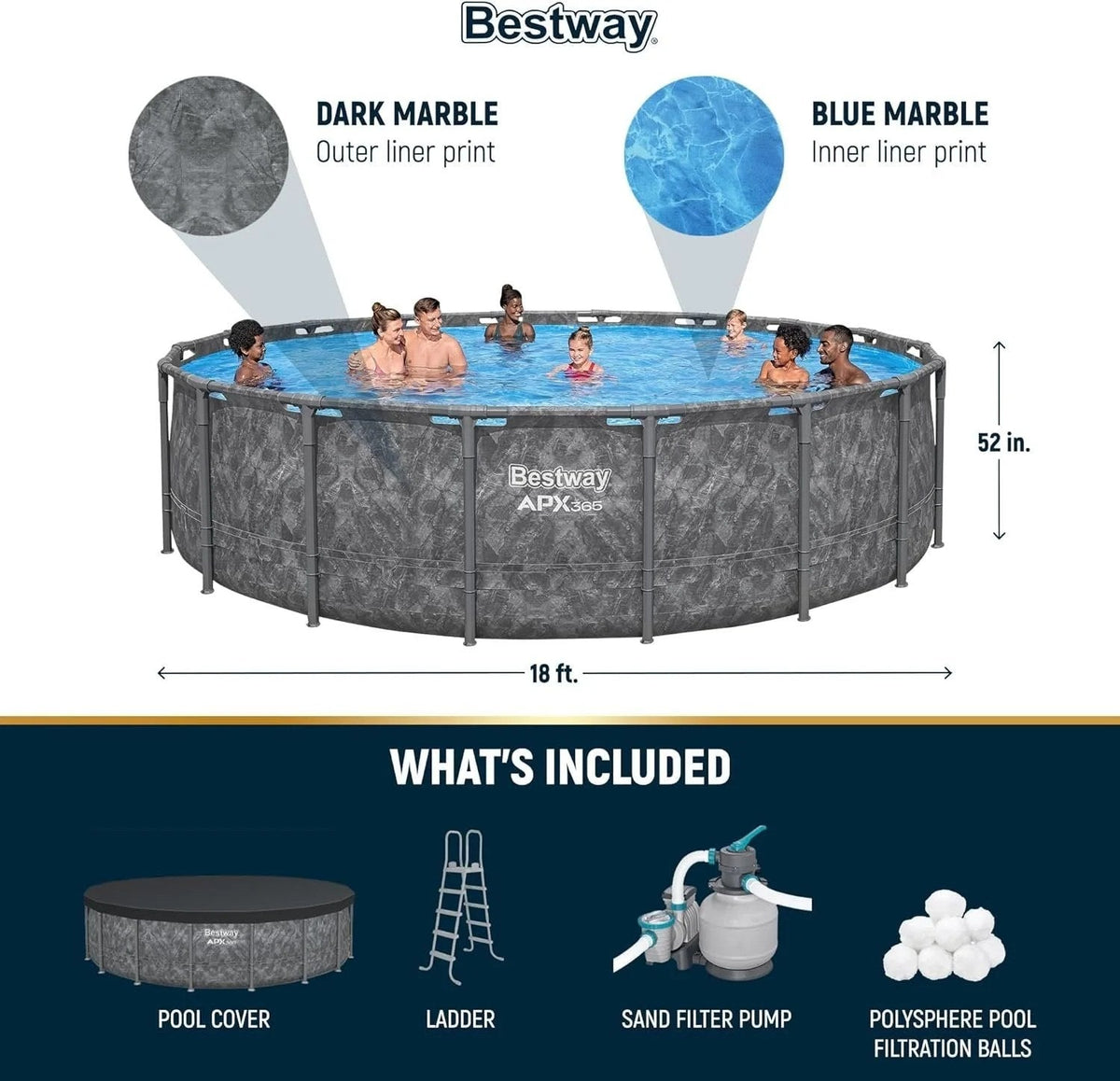 Casavibeo Bestway APX 365 18-foot round above ground swimming pool set with pump and ladder, shown filled with water.