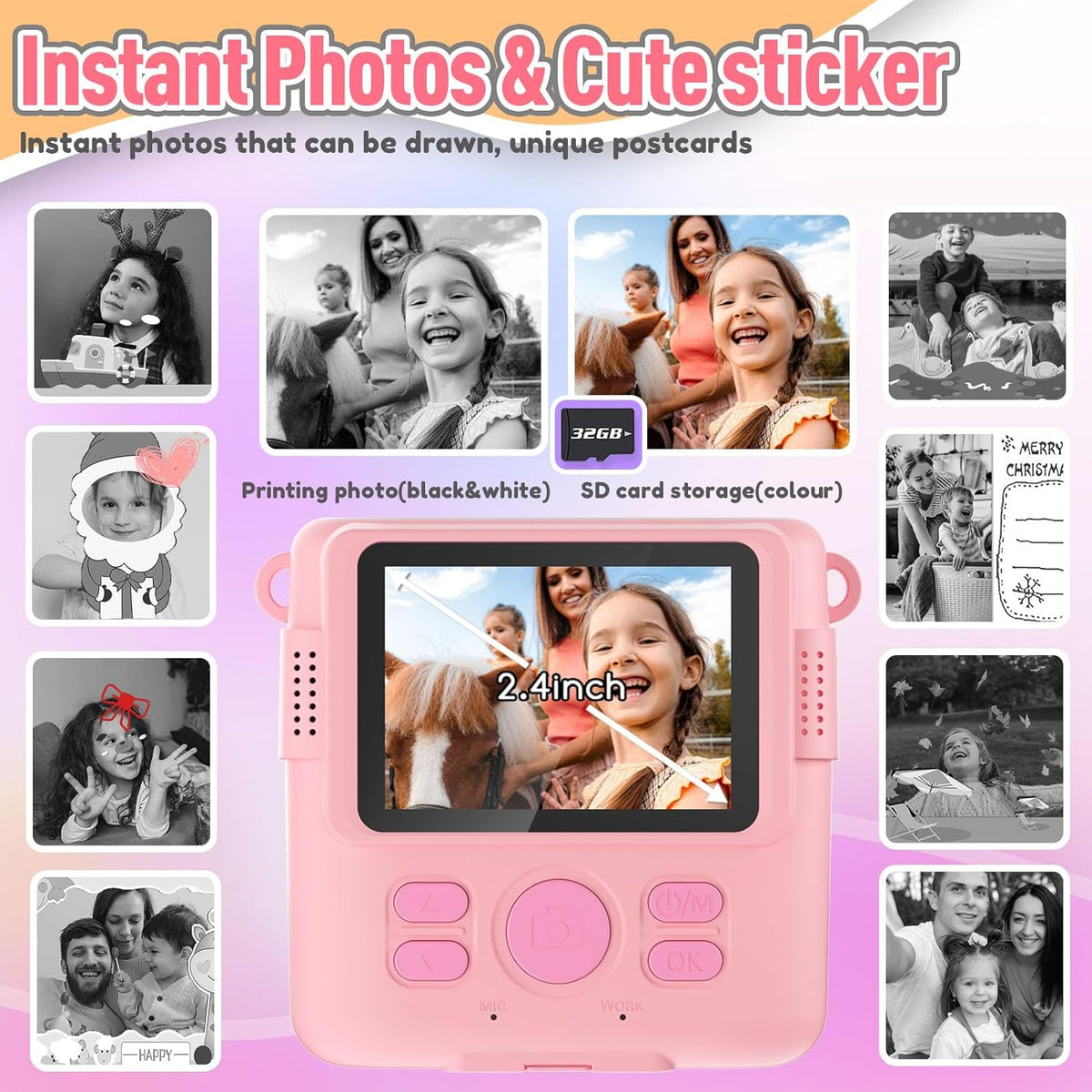 Belro digital instant print portable camera for kids, compact electronic camera with built-in printer, colorful and kid-friendly design.