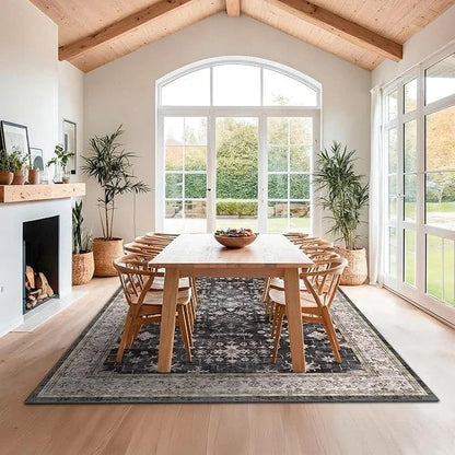 Black farmhouse 8x10 washable area rug by Casavibeo with stain-resistant, non-slip surface for living rooms, bedrooms, and kitchens.