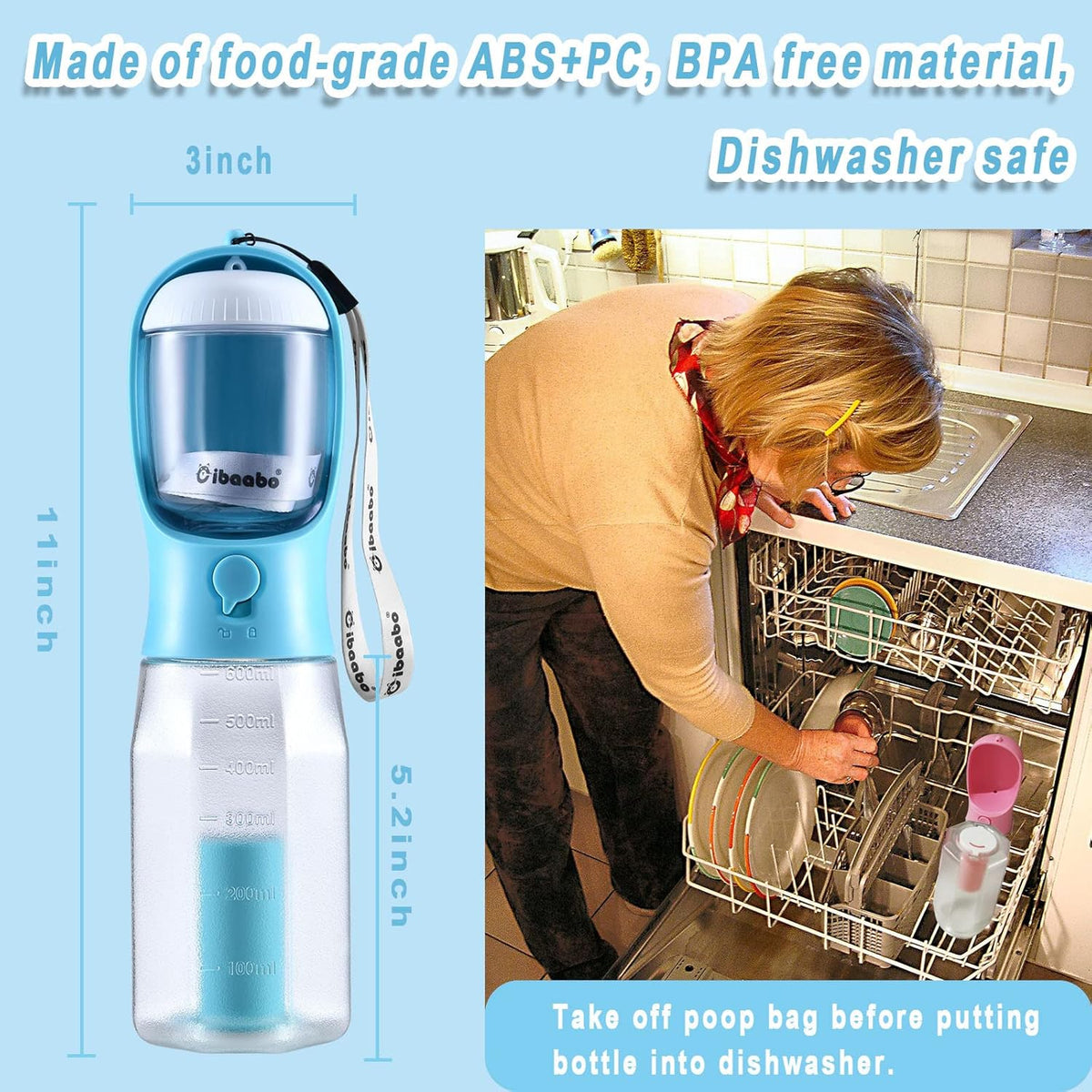 Belro dog water bottle with food container for travel, featuring a portable design for hydration and snacks during outdoor activities.