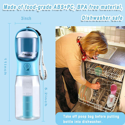 Belro dog water bottle with food container for travel, featuring a portable design for hydration and snacks during outdoor activities.