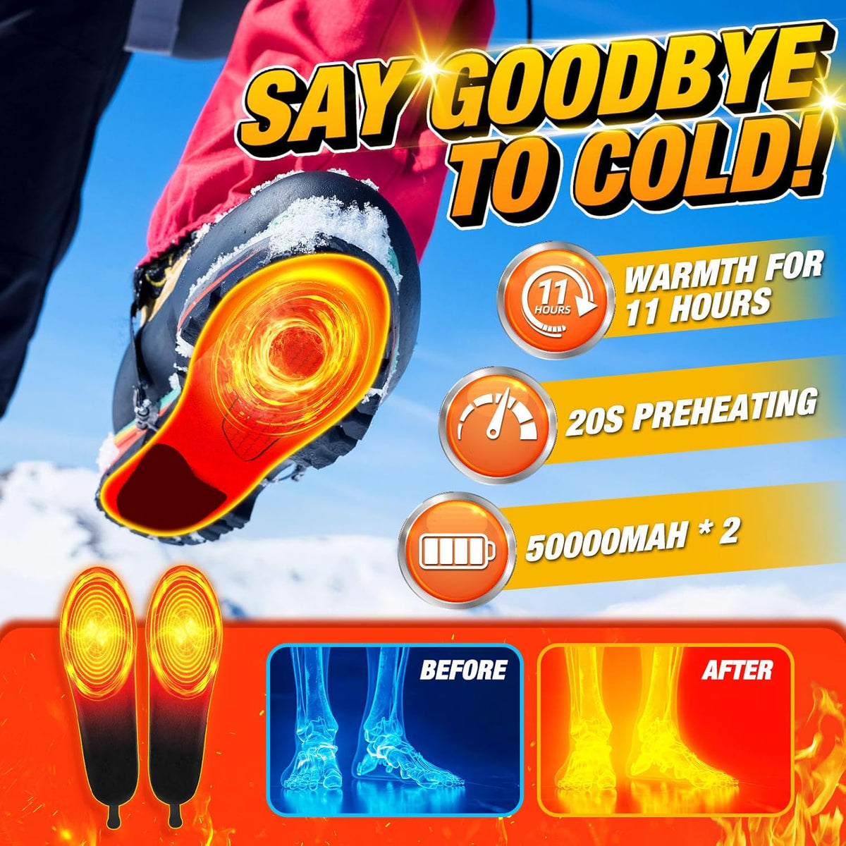 Belro rechargeable heated insoles for outdoor use, featuring battery packs and control buttons for warmth and comfort.