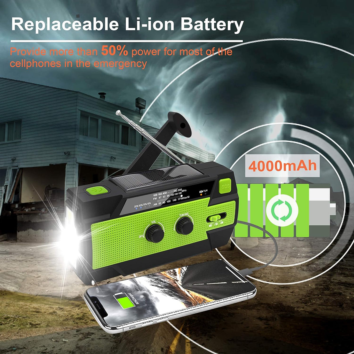 Belro emergency crank weather radio with digital display, handheld portable electronics for emergency preparedness and weather updates.