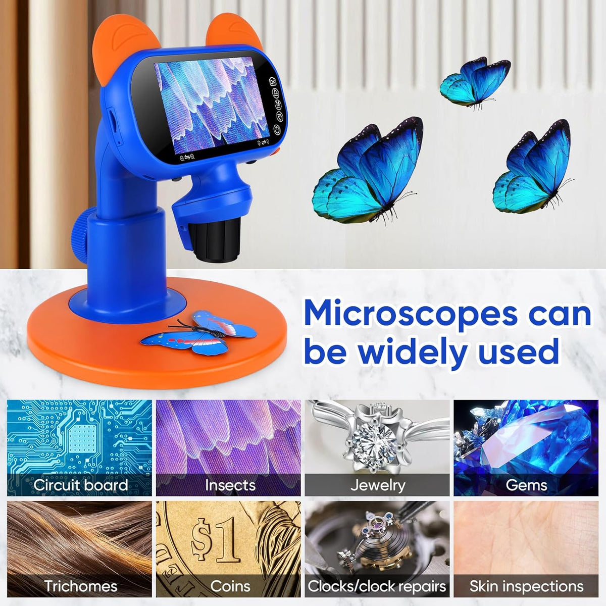 Belro handheld portable digital microscope showing close-up view of tiny objects with adjustable focus and LED lighting.