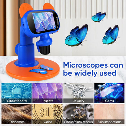 Belro handheld portable digital microscope showing close-up view of tiny objects with adjustable focus and LED lighting.