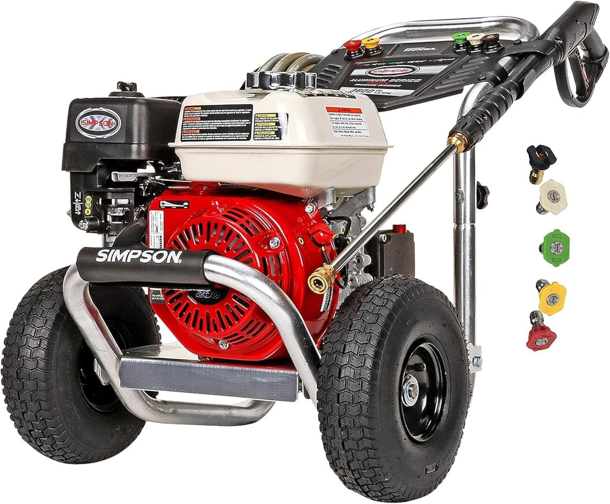 Casavibeo Simpson ALH3425 aluminum gas pressure washer with Honda GX200 engine, 3600 PSI, 2.5 GPM, professional-grade.
