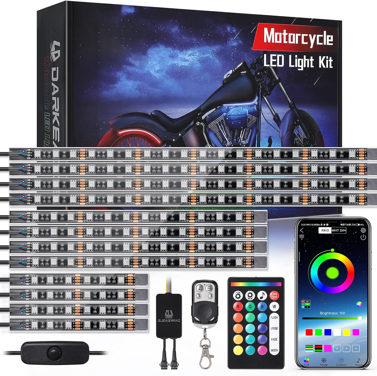Belro 12-piece motorcycle LED light kit with brake light and turn signals, installed on a motorcycle for enhanced visibility.