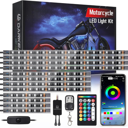 Belro 12-piece motorcycle LED light kit with brake light and turn signals, installed on a motorcycle for enhanced visibility.