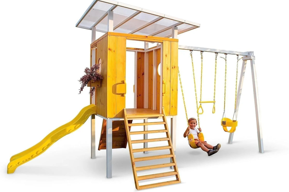 Casavibeo Avenlur Forest modern backyard outdoor swing set with wooden frame and seat, ideal for outdoor family fun.