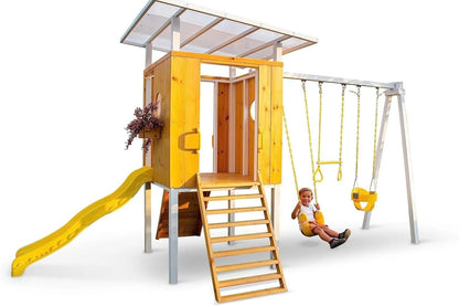 Casavibeo Avenlur Forest modern backyard outdoor swing set with wooden frame and seat, ideal for outdoor family fun.